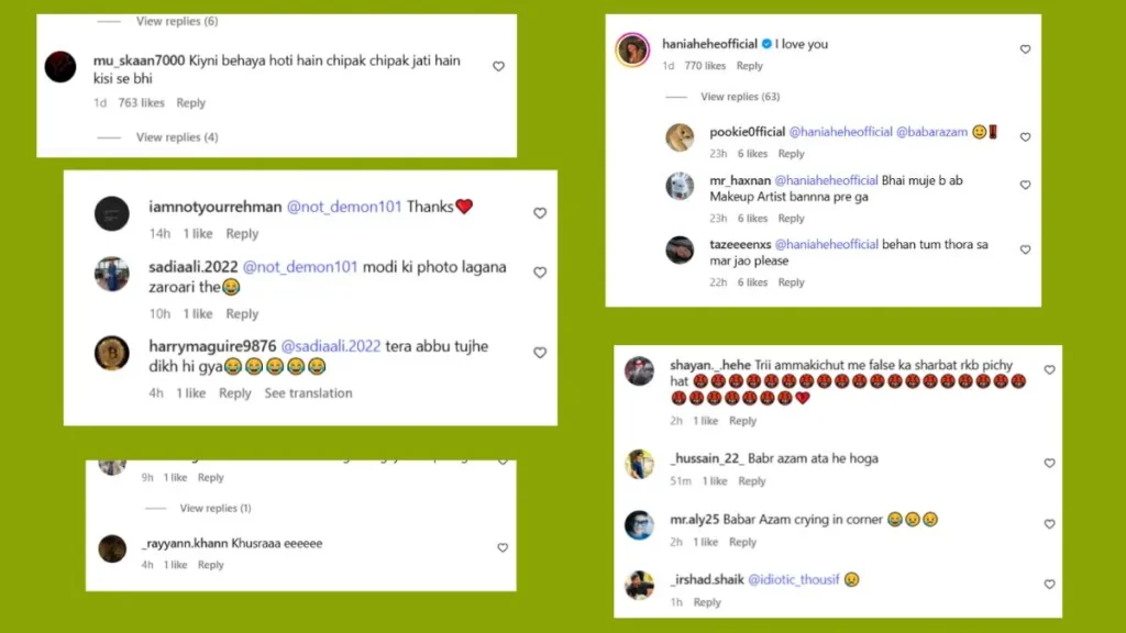 Fans' Reactions and comments on Babar Zaheer's Instagram Posts